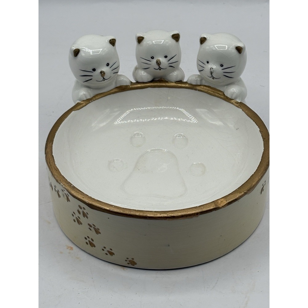 Vintage White & Gold Ceramic Cat Dish Paws on dish With Three Kittens 1998